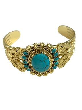 Gold-Tone Turquoise Stone Cuff Bracelet - Women Jewelry